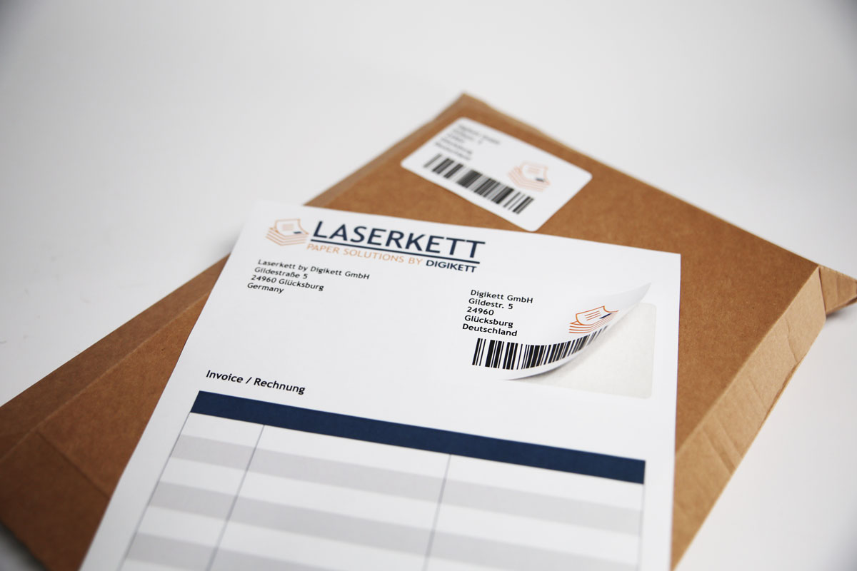 An integrated shipping label clearly attached to a shipping box. The label contains important shipping information such as sender and recipient addresses